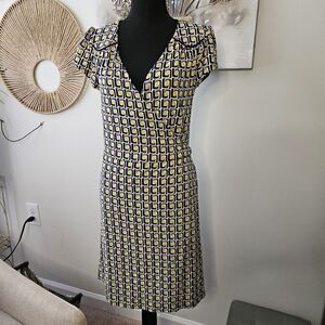 Boden Yellow/Black Wrap Jersey Dress Geo Pattern Short Sleeve US 8P MSRP $98